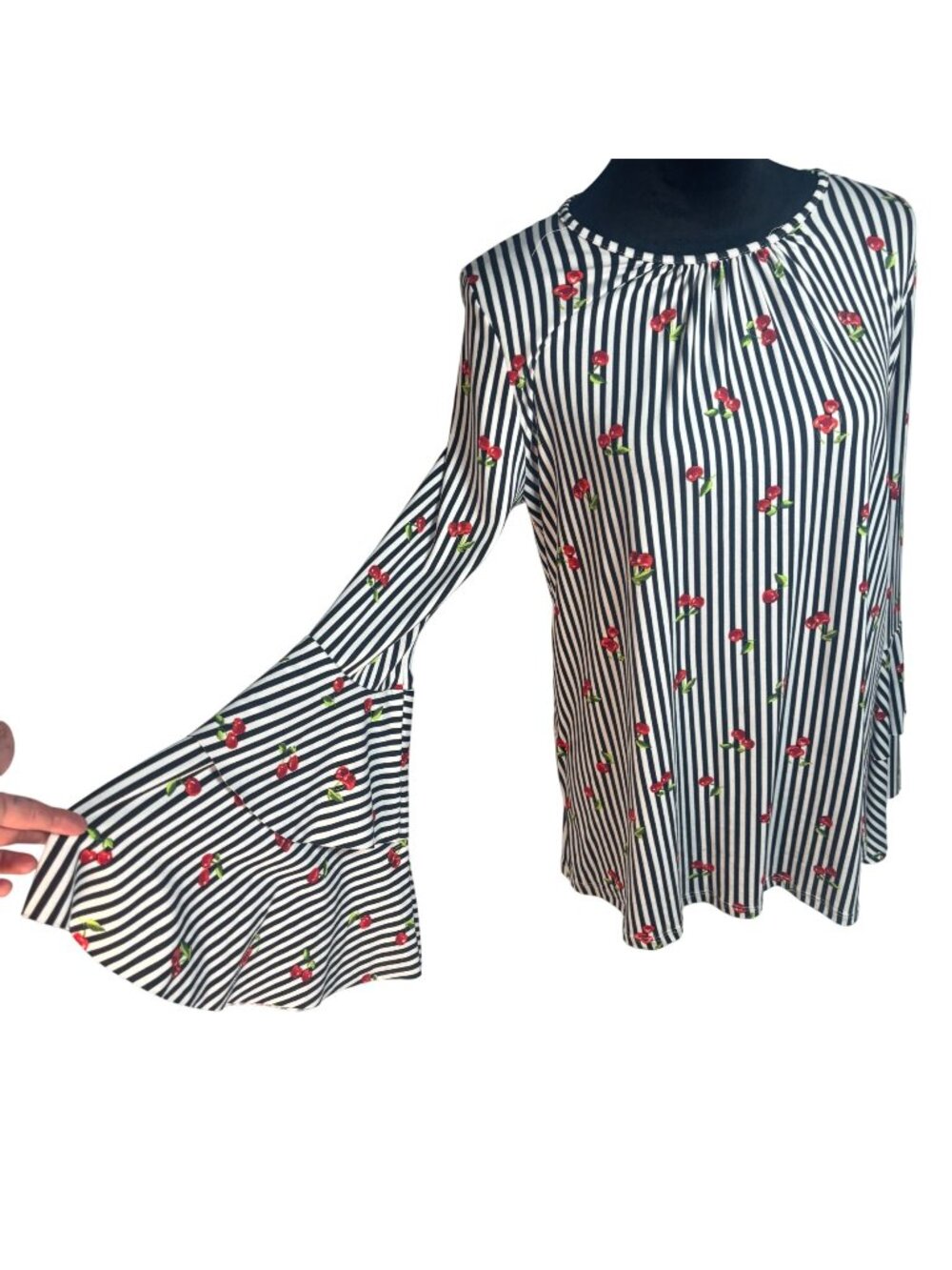 Red Lolly Boho Striped Fruit Print Ruffle Bell Sleeve Blouse Top Large